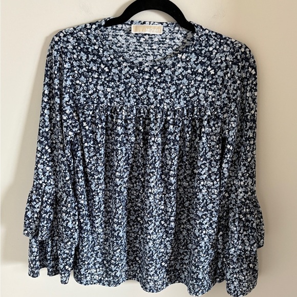 Michael Kors Navy Floral Blouse Long Sleeve Bell Style with Ruffles - Picture 1 of 8